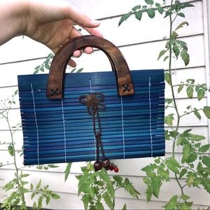 Vintage Blue Handbag with Wooden Handles